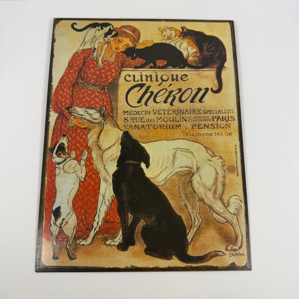 Vintage Clinique Cheron Metal Sign Steinlen French Cat Dog Art Nouveau Decor